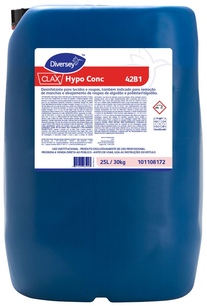 CLAX HYPO CONC 42B1 25L - DESINFETANTE PARA TECIDOS E ROUPAS, TAMBÉM INDICADO PARA REMOÇÃO DE MANCHAS E ALVEJAMENTO DE ROUPAS DE ALGODÃO E POLIÉSTER/ALGODÃO
